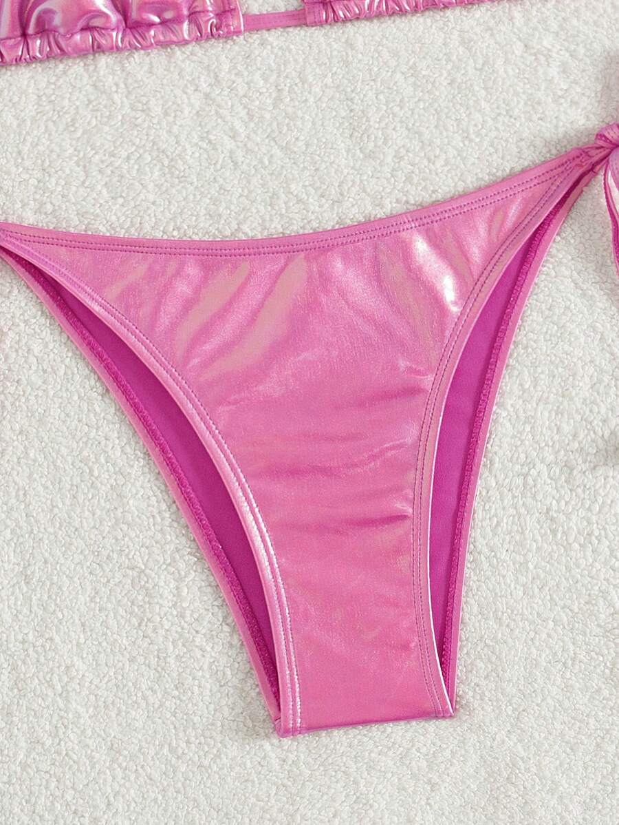 Swim Vcay Solid Color Halter Twist Split Bikini Set For Summer Beach Vacation