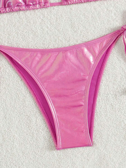 Swim Vcay Solid Color Halter Twist Split Bikini Set For Summer Beach Vacation