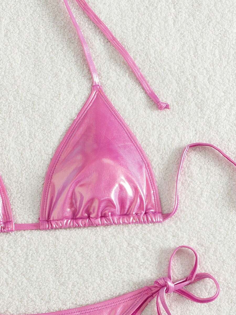 Swim Vcay Summer Beach Metallic Halter Triangle Tie Side Bikini Set