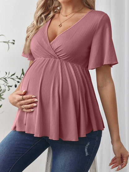 V-Neck Ruffle Hem Maternity T-Shirt - Short Flounce Sleeve High-Stretch Slim Fit Casual Top