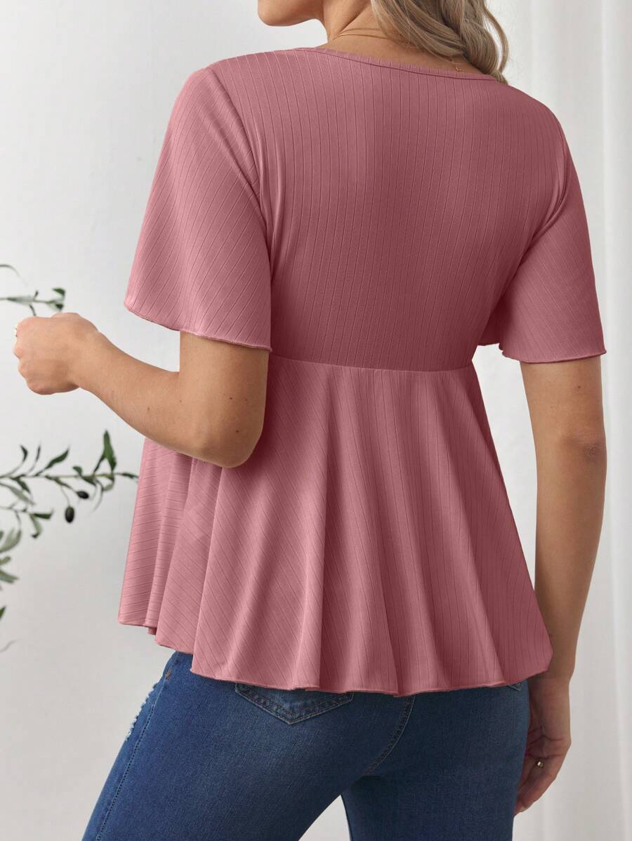V-Neck Ruffle Hem Maternity T-Shirt - Short Flounce Sleeve High-Stretch Slim Fit Casual Top