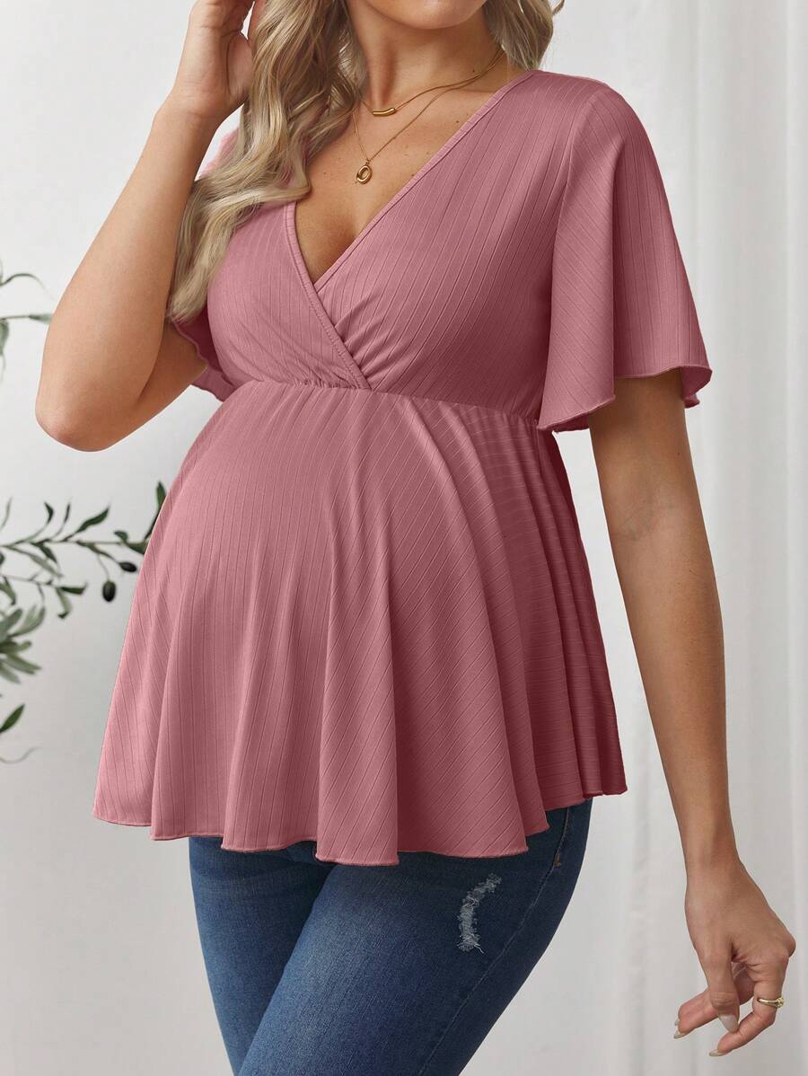 V-Neck Ruffle Hem Maternity T-Shirt - Short Flounce Sleeve High-Stretch Slim Fit Casual Top