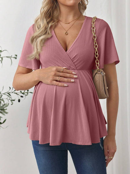 V-Neck Ruffle Hem Maternity T-Shirt - Short Flounce Sleeve High-Stretch Slim Fit Casual Top
