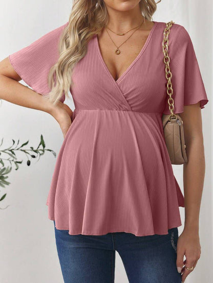 V-Neck Ruffle Hem Maternity T-Shirt - Short Flounce Sleeve High-Stretch Slim Fit Casual Top