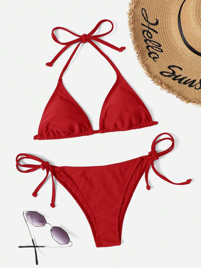 Women's Plain Halter Bikini Set - Knot Detail, Tie Side, Triangle Cup, Navy Blue