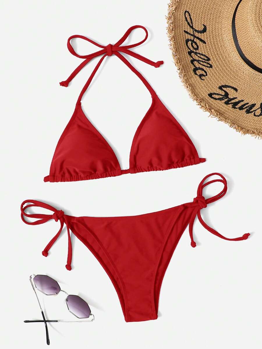 Women's 2-Piece Halter Bikini Set - Leopard & Floral Print, Tie Side, Triangle Cup, Multicolor
