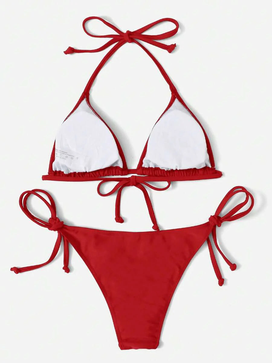 Women's 2-Piece Halter Bikini Set - Leopard & Floral Print, Tie Side, Triangle Cup, Multicolor