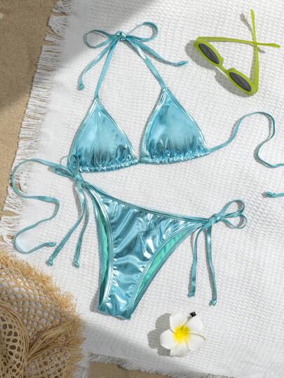 Swim Vcay Solid Color Neck Tie Split Bikini Swimsuit, Summer