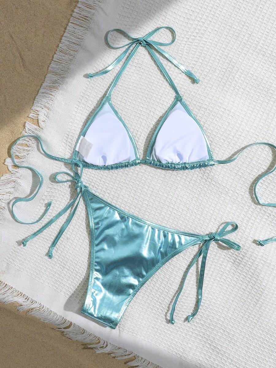 Swim Vcay Solid Color Neck Tie Split Bikini Swimsuit, Summer