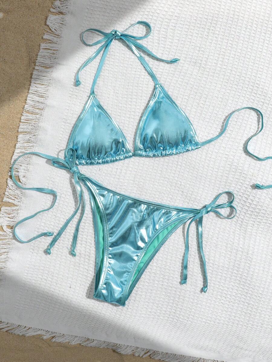 Swim Vcay Solid Color Neck Tie Split Bikini Swimsuit, Summer