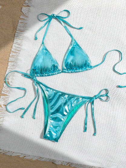 Swim Vcay Solid Color Neck Tie Split Bikini Swimsuit, Summer