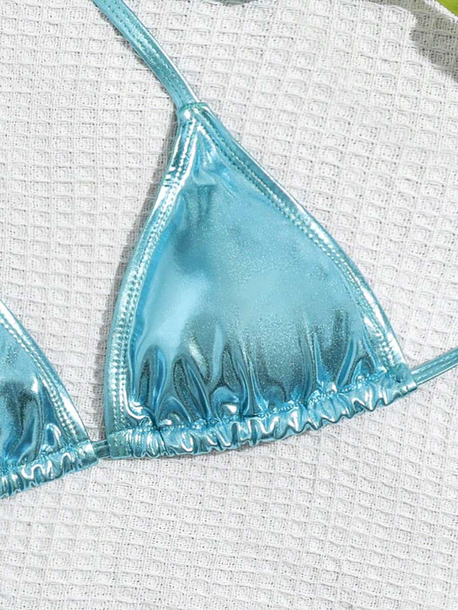 Swim Vcay Solid Color Neck Tie Split Bikini Swimsuit, Summer