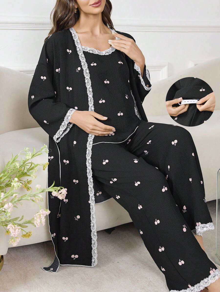 Moonlight and Mama 3-Piece Maternity Sleepwear Set - Black Geometric Print Robe and Pajama Set - Romantic Fall Winter Maternity Loungewear