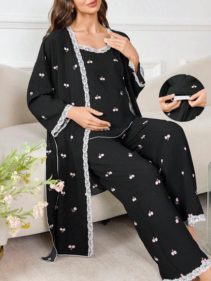 Moonlight and Mama 3-Piece Maternity Sleepwear Set - Black Geometric Print Robe and Pajama Set - Romantic Fall Winter Maternity Loungewear