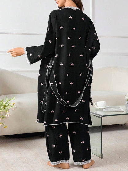 Moonlight and Mama 3-Piece Maternity Sleepwear Set - Black Geometric Print Robe and Pajama Set - Romantic Fall Winter Maternity Loungewear