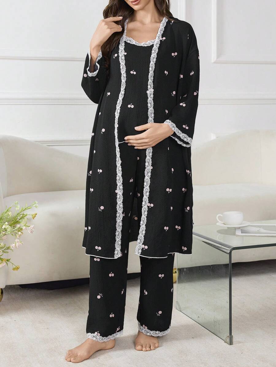 Moonlight and Mama 3-Piece Maternity Sleepwear Set - Black Geometric Print Robe and Pajama Set - Romantic Fall Winter Maternity Loungewear