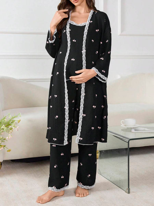 Moonlight and Mama 3-Piece Maternity Sleepwear Set - Black Geometric Print Robe and Pajama Set - Romantic Fall Winter Maternity Loungewear