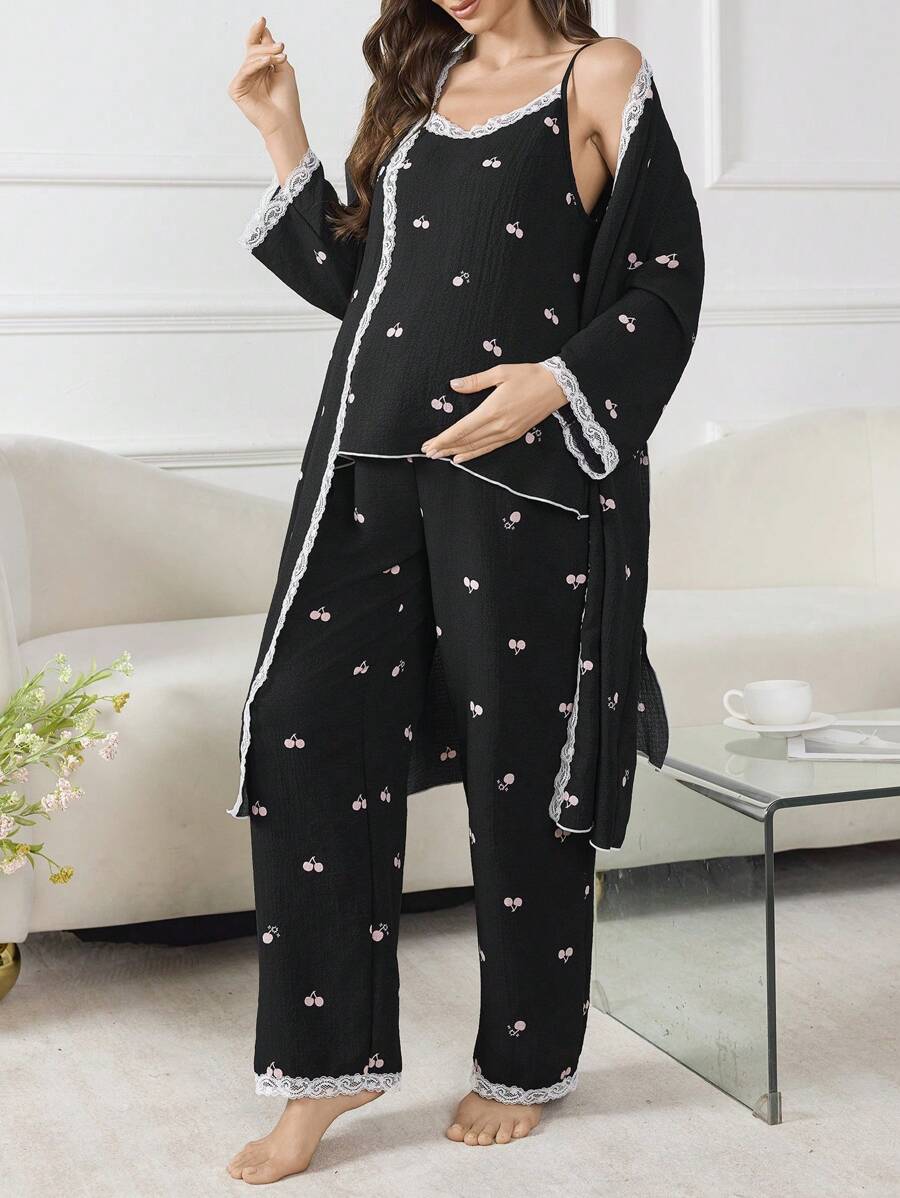 Moonlight and Mama 3-Piece Maternity Sleepwear Set - Black Geometric Print Robe and Pajama Set - Romantic Fall Winter Maternity Loungewear