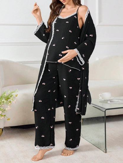 Moonlight and Mama 3-Piece Maternity Sleepwear Set - Black Geometric Print Robe and Pajama Set - Romantic Fall Winter Maternity Loungewear