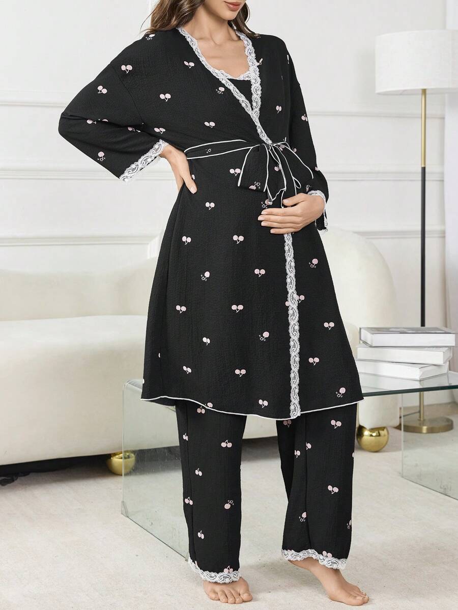 Moonlight and Mama 3-Piece Maternity Sleepwear Set - Black Geometric Print Robe and Pajama Set - Romantic Fall Winter Maternity Loungewear