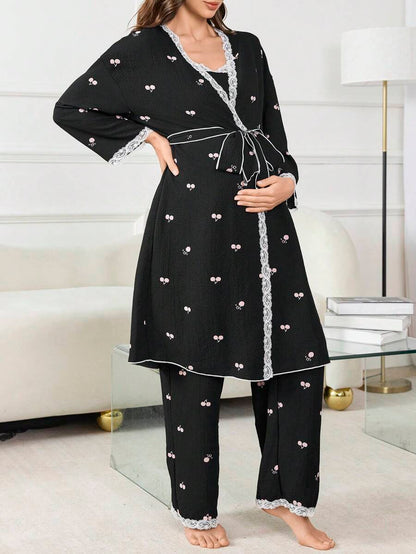 Moonlight and Mama 3-Piece Maternity Sleepwear Set - Black Geometric Print Robe and Pajama Set - Romantic Fall Winter Maternity Loungewear