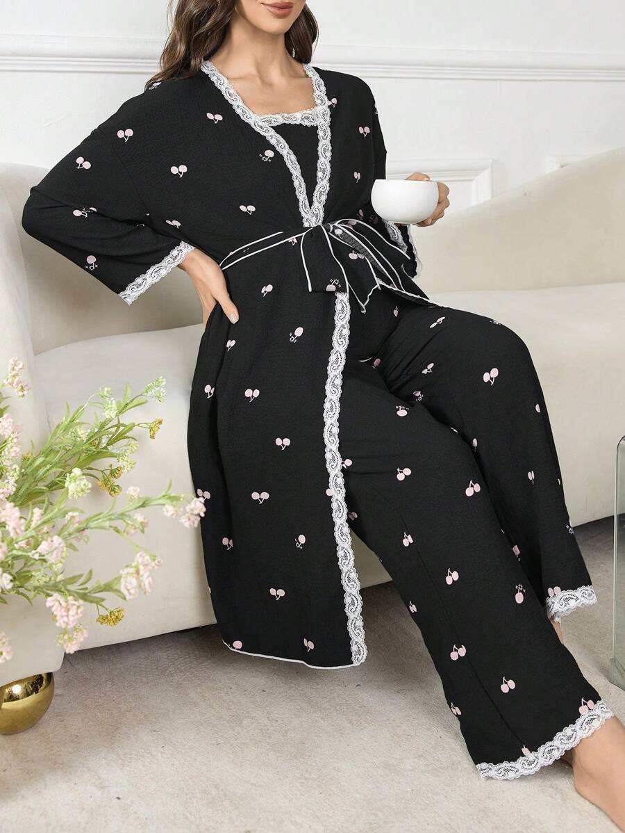 Moonlight and Mama 3-Piece Maternity Sleepwear Set - Black Geometric Print Robe and Pajama Set - Romantic Fall Winter Maternity Loungewear