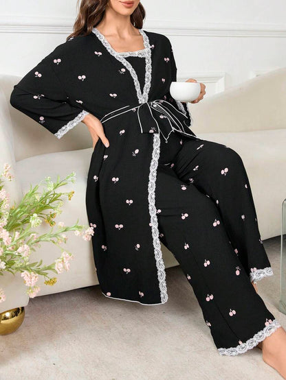 Moonlight and Mama 3-Piece Maternity Sleepwear Set - Black Geometric Print Robe and Pajama Set - Romantic Fall Winter Maternity Loungewear