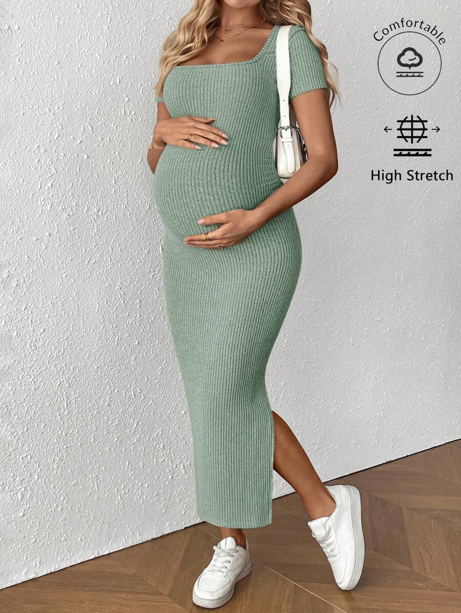 Maternity Square Neck Short Sleeve Midi Bodycon Dress with Side Slit - Sage Green Fitted Pregnancy Outfit - Soft Knit Maternity Wear