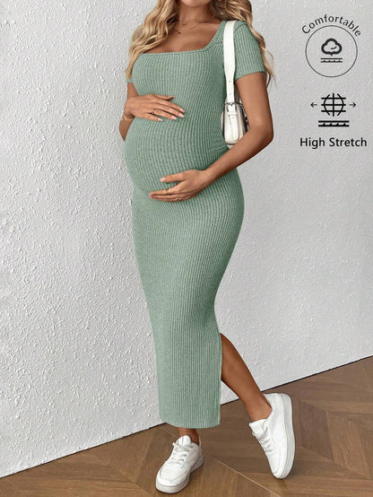 Maternity Square Neck Short Sleeve Midi Bodycon Dress with Side Slit - Sage Green Fitted Pregnancy Outfit - Soft Knit Maternity Wear