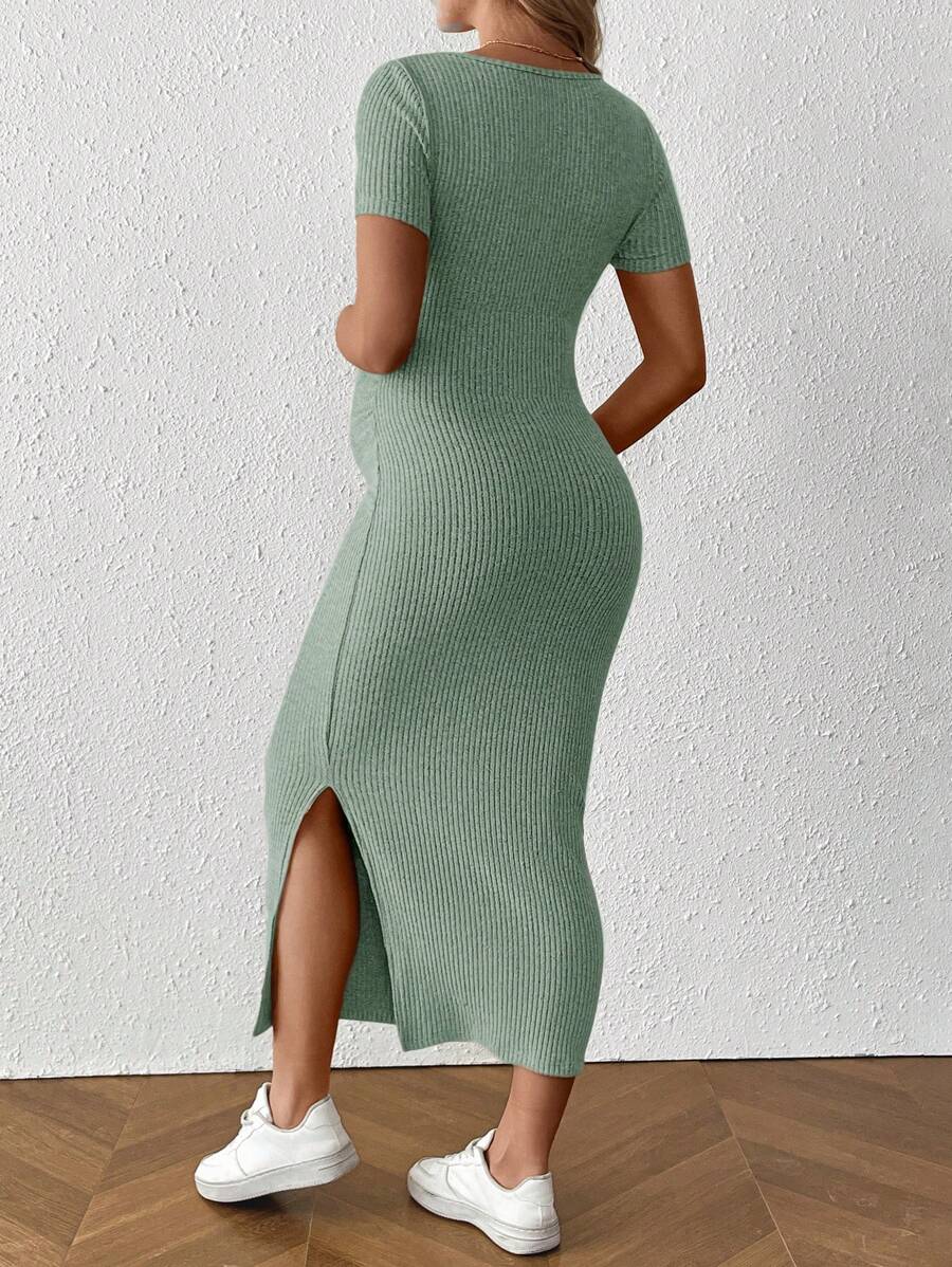 Maternity Square Neck Short Sleeve Midi Bodycon Dress with Side Slit - Sage Green Fitted Pregnancy Outfit - Soft Knit Maternity Wear