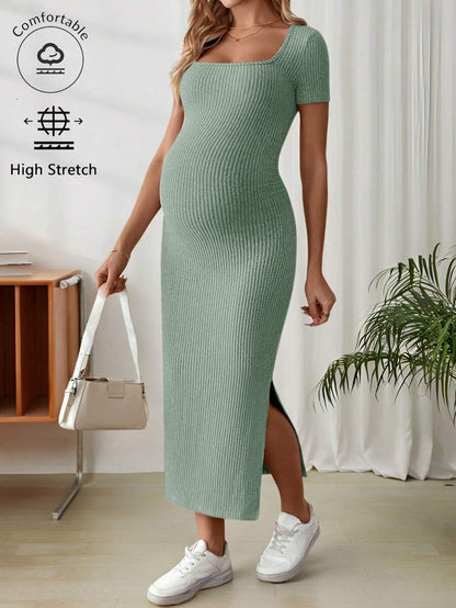 Maternity Square Neck Short Sleeve Midi Bodycon Dress with Side Slit - Sage Green Fitted Pregnancy Outfit - Soft Knit Maternity Wear