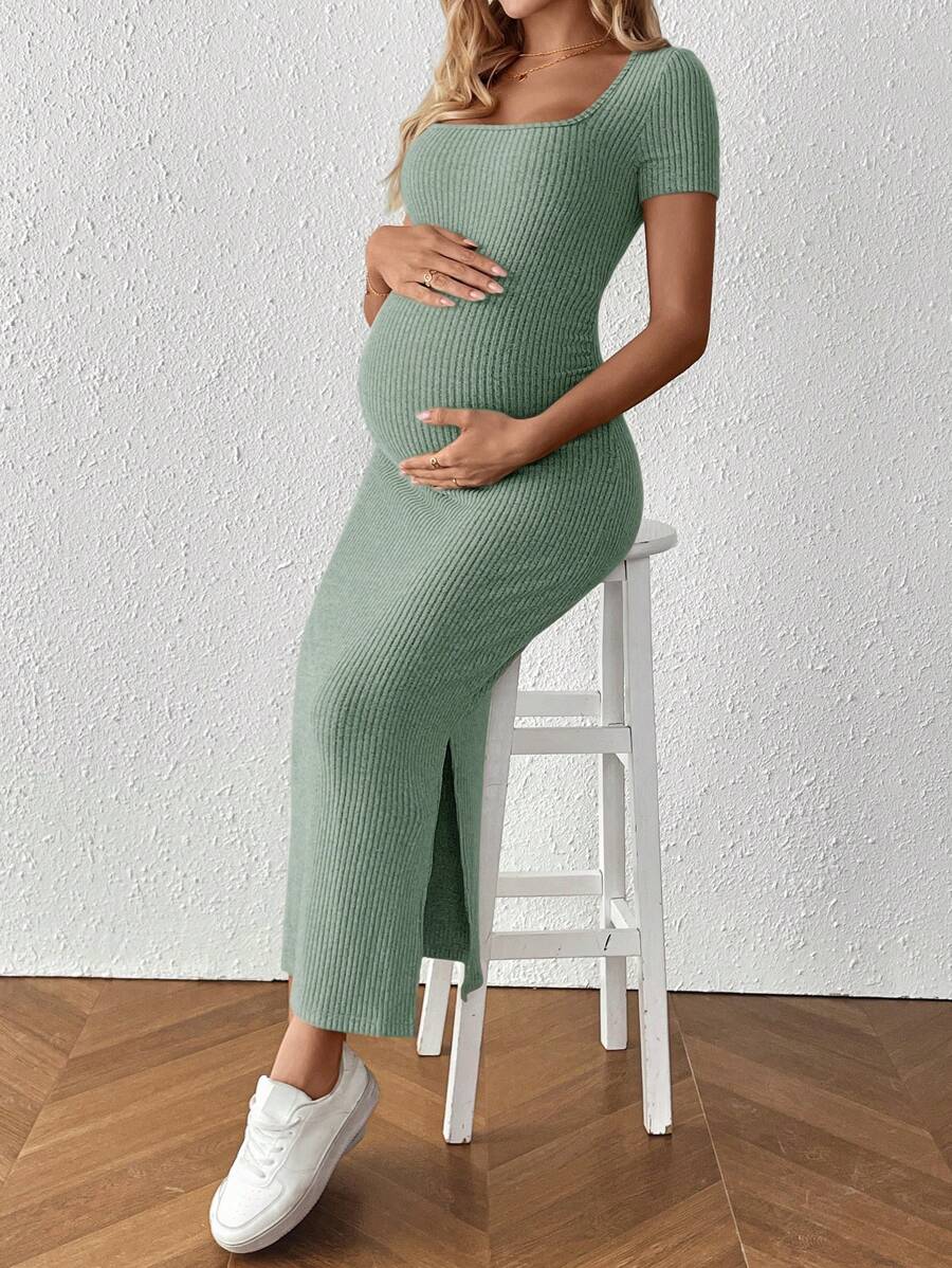 Maternity Square Neck Short Sleeve Midi Bodycon Dress with Side Slit - Sage Green Fitted Pregnancy Outfit - Soft Knit Maternity Wear