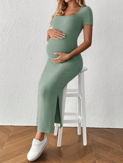 Maternity Square Neck Short Sleeve Midi Bodycon Dress with Side Slit - Sage Green Fitted Pregnancy Outfit - Soft Knit Maternity Wear
