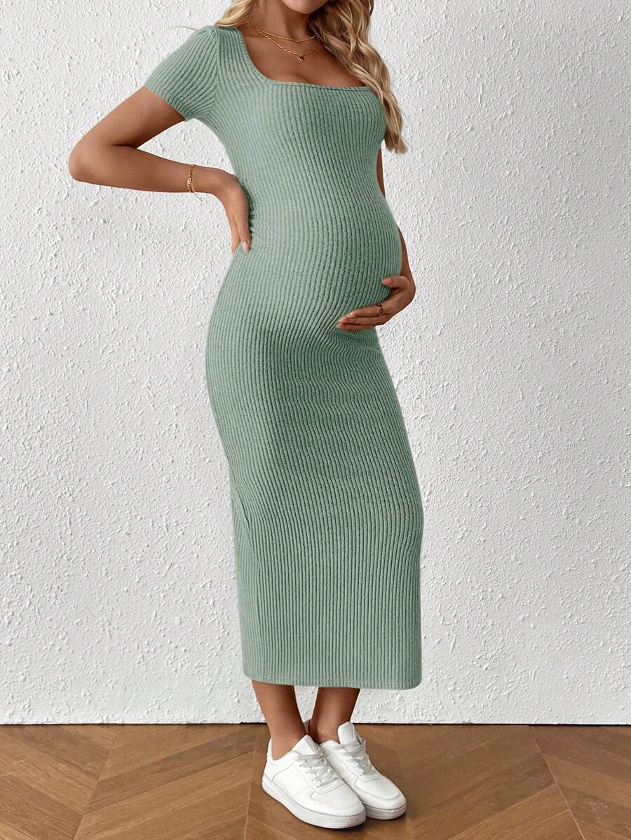 Maternity Square Neck Short Sleeve Midi Bodycon Dress with Side Slit - Sage Green Fitted Pregnancy Outfit - Soft Knit Maternity Wear