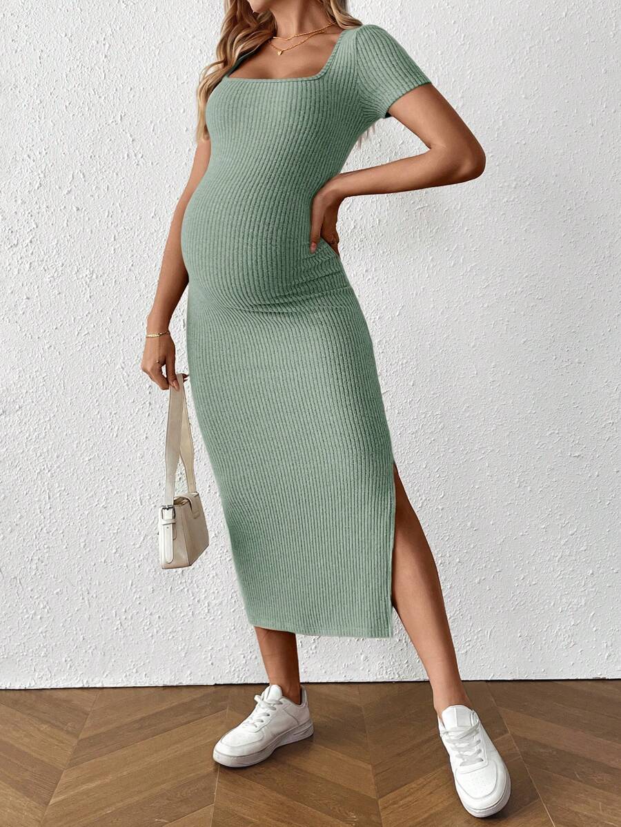 Maternity Square Neck Short Sleeve Midi Bodycon Dress with Side Slit - Sage Green Fitted Pregnancy Outfit - Soft Knit Maternity Wear