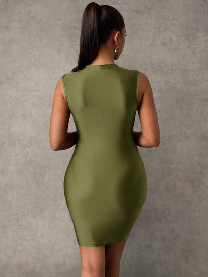 Maternity Sleeveless Zip-Front Mini Tank Dress Elegant Ruched Army Green Slim Fit High Stretch Knitted Pencil Dress for Summer Beach