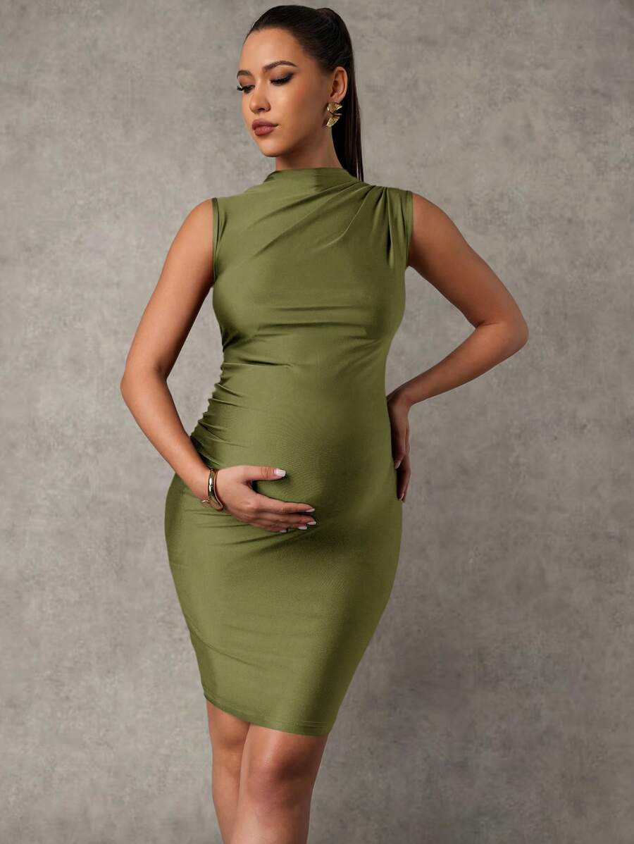 Maternity Sleeveless Zip-Front Mini Tank Dress Elegant Ruched Army Green Slim Fit High Stretch Knitted Pencil Dress for Summer Beach