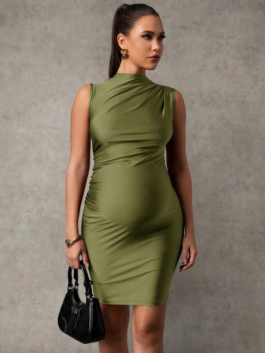 Maternity Sleeveless Zip-Front Mini Tank Dress Elegant Ruched Army Green Slim Fit High Stretch Knitted Pencil Dress for Summer Beach