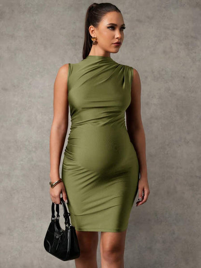 Maternity Sleeveless Zip-Front Mini Tank Dress Elegant Ruched Army Green Slim Fit High Stretch Knitted Pencil Dress for Summer Beach