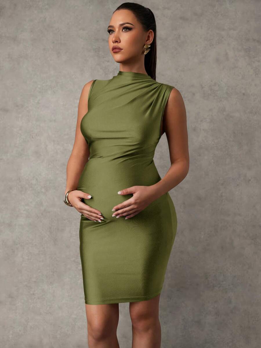 Maternity Sleeveless Zip-Front Mini Tank Dress Elegant Ruched Army Green Slim Fit High Stretch Knitted Pencil Dress for Summer Beach