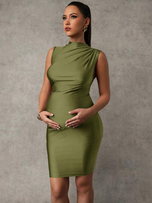 Maternity Sleeveless Zip-Front Mini Tank Dress Elegant Ruched Army Green Slim Fit High Stretch Knitted Pencil Dress for Summer Beach