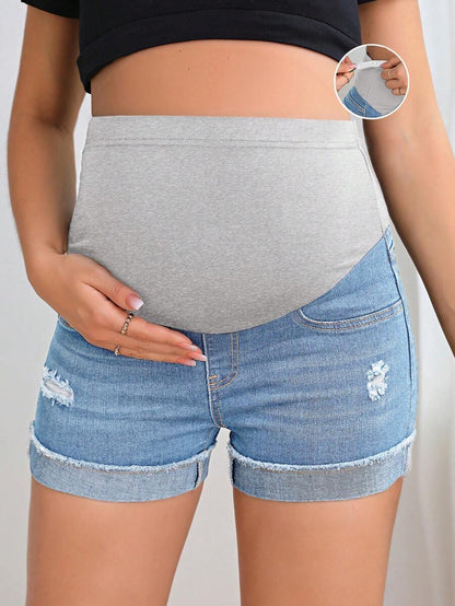 Maternity Black Washed Distressed Skinny Denim Mini Shorts – Elastic Waist Plain Casual Jean Shorts with Pockets