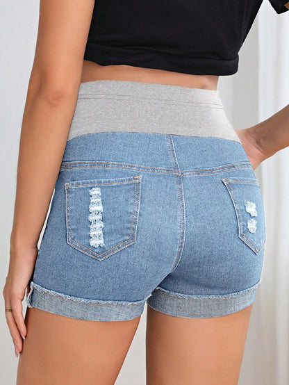 Maternity Denim Shorts - Adjustable Waist, Ripped, Roll Up Hem, Pocket, Dark Wash
