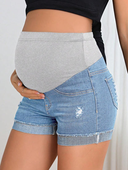 Maternity Black Washed Distressed Skinny Denim Mini Shorts – Elastic Waist Plain Casual Jean Shorts with Pockets