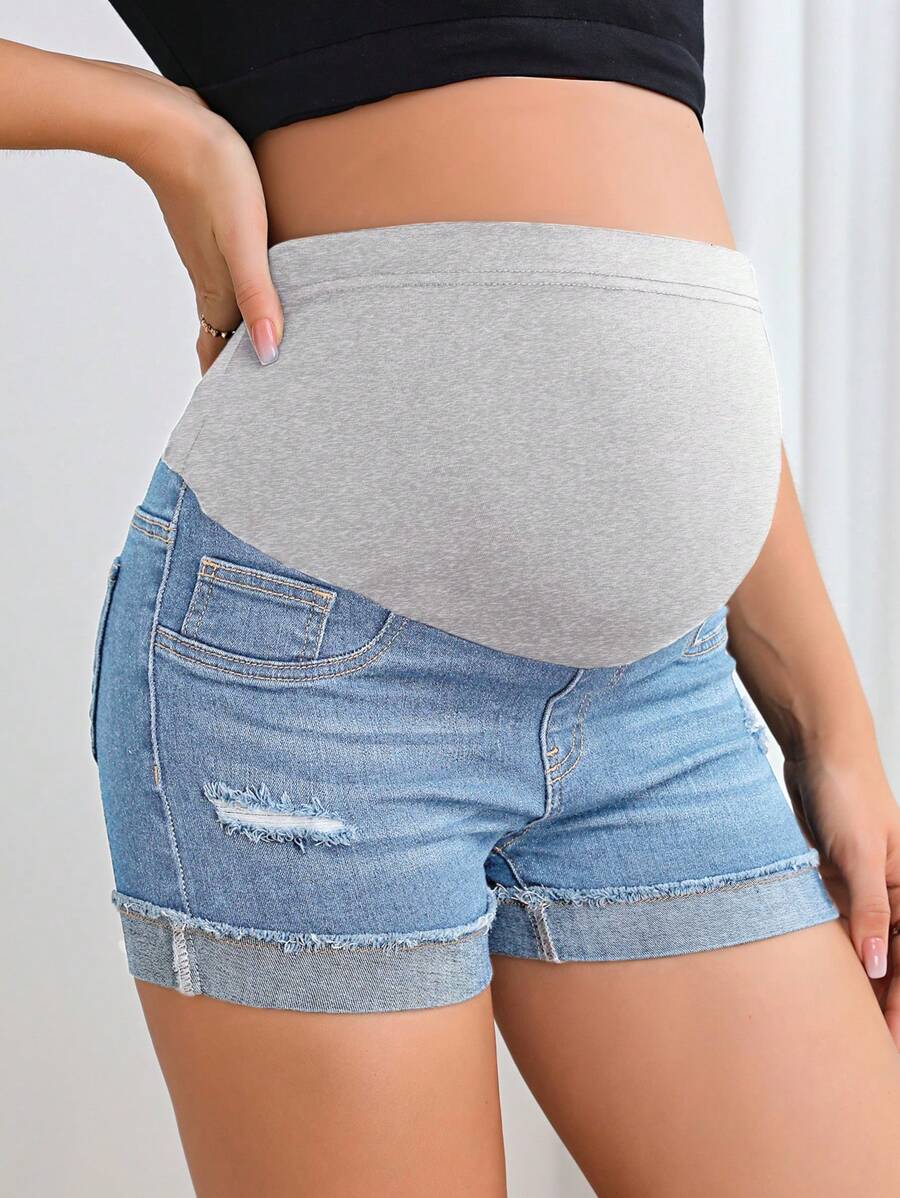Maternity Denim Shorts - Adjustable Waist, Ripped, Roll Up Hem, Pocket, Dark Wash