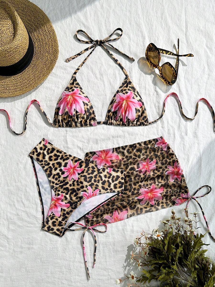 Women's 3-Piece Leopard Print Bikini Set - Halter Triangle Cup, Mesh Skirt, Tie Side, Multicolor