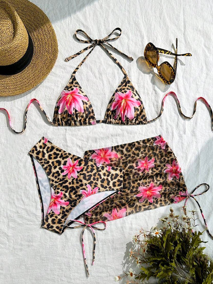 Women's 3-Piece Leopard Print Bikini Set - Halter Triangle Cup, Mesh Skirt, Tie Side, Multicolor