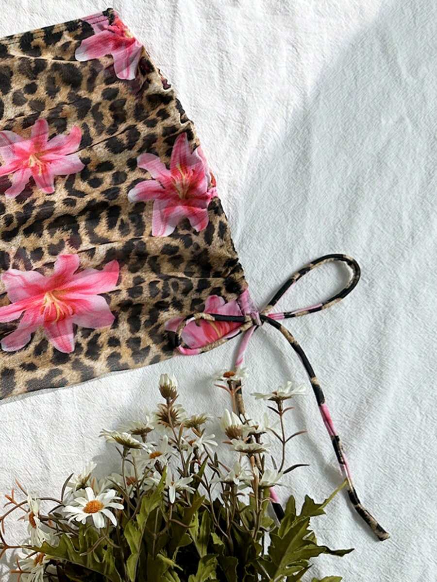 Women's 3-Piece Leopard Print Bikini Set - Halter Triangle Cup, Mesh Skirt, Tie Side, Multicolor