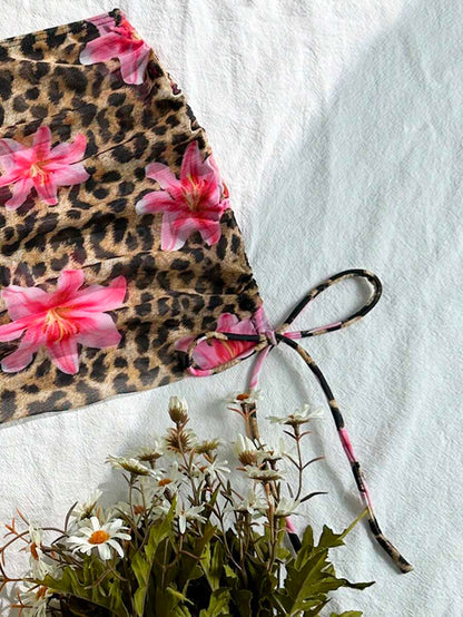 Women's 3-Piece Leopard Print Bikini Set - Halter Triangle Cup, Mesh Skirt, Tie Side, Multicolor