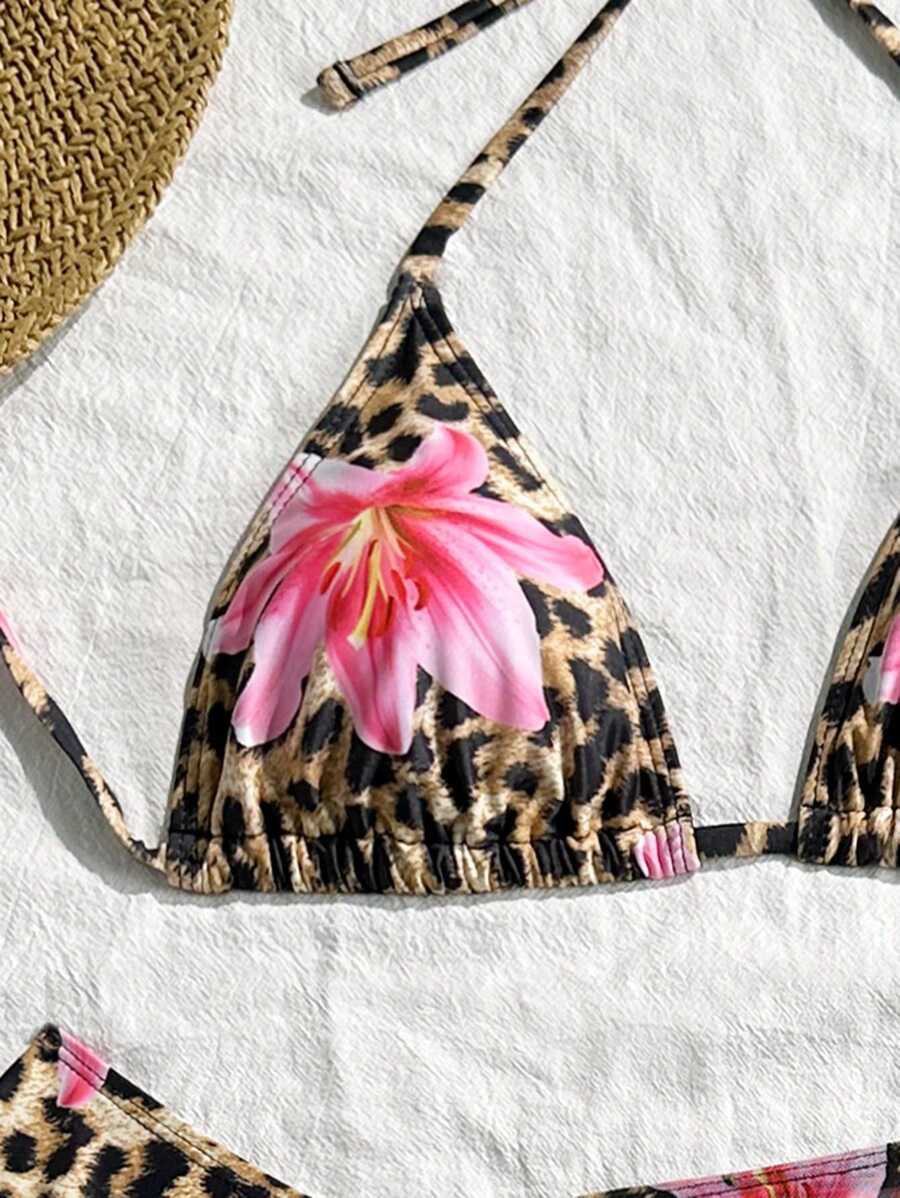 Women's 3-Piece Leopard Print Bikini Set - Halter Triangle Cup, Mesh Skirt, Tie Side, Multicolor